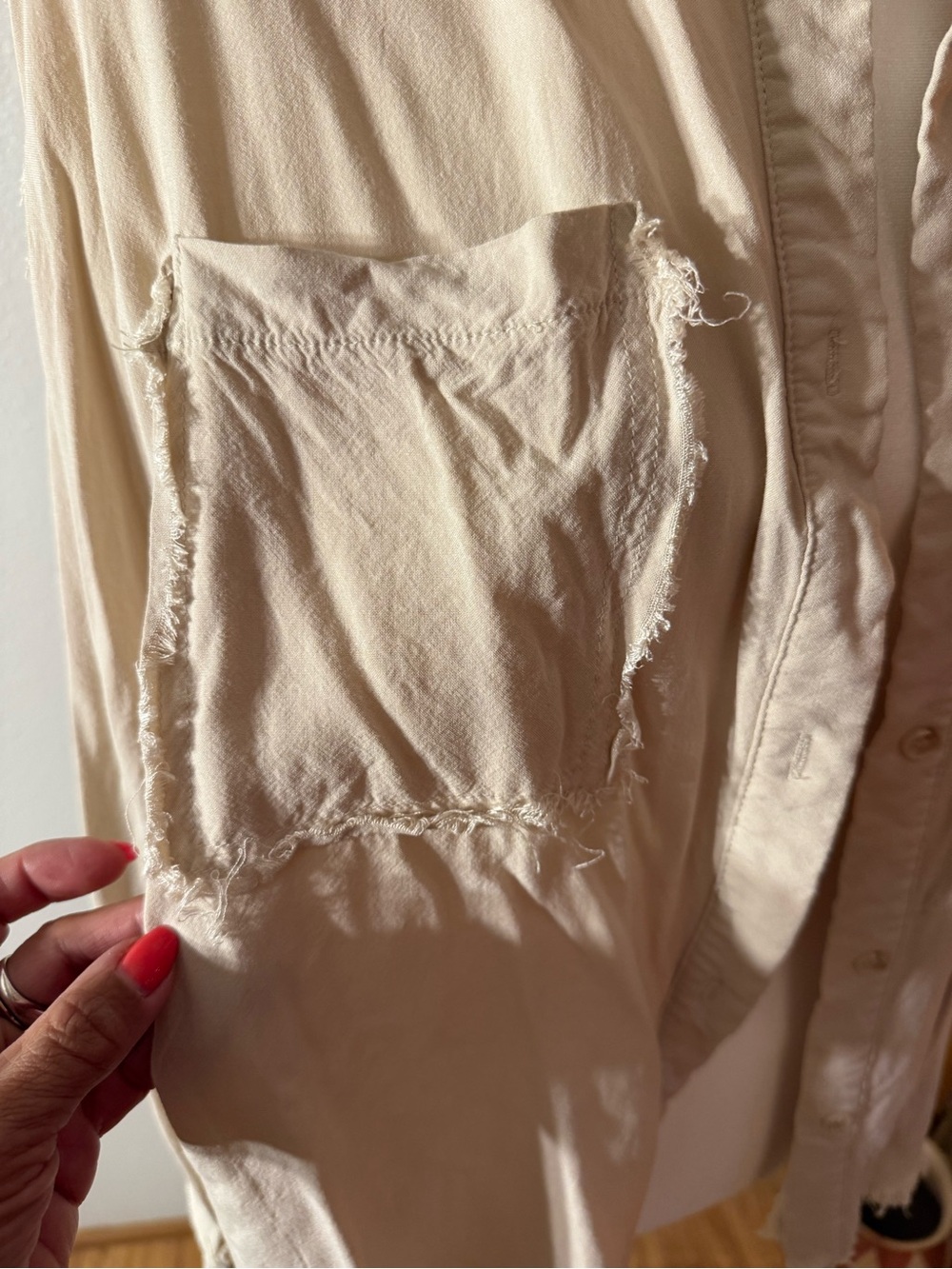 Light Beige Distressed Button-Up Shacket - Picture 4 of 5